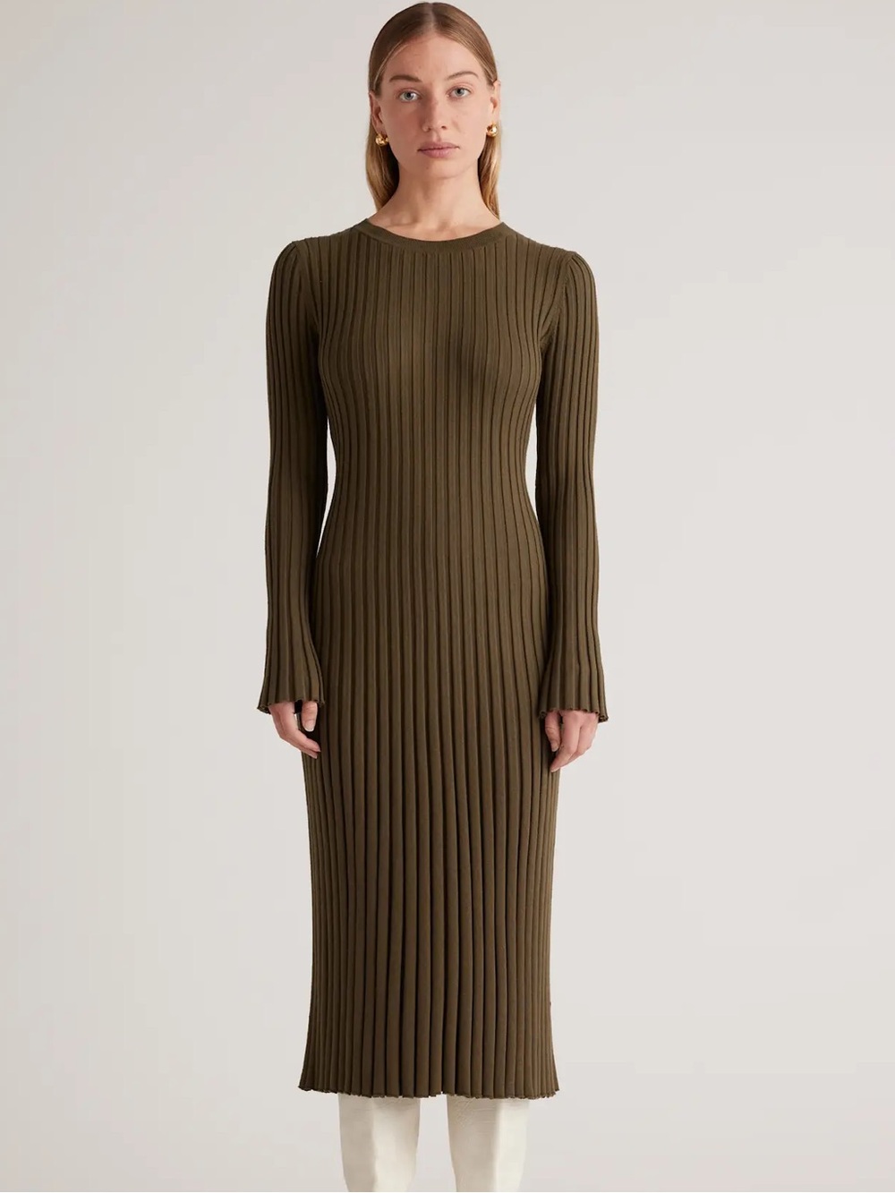 Quince Size Small Cotton Cashmere Ribbed Long Sleeve Crew Midi Dress Olive Green